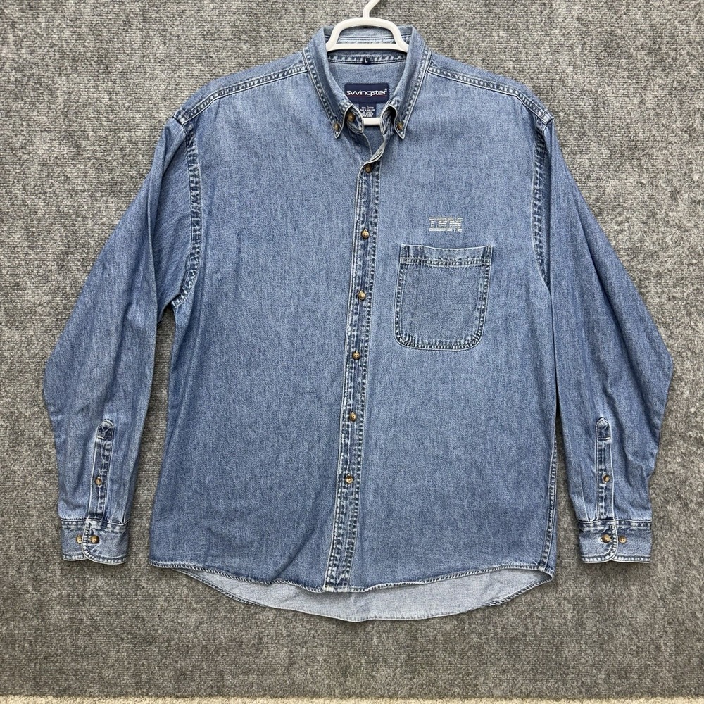 Vintage‎ Swingster Jean Denim button up Shirt IBM Men's Size Large Long Sleeve